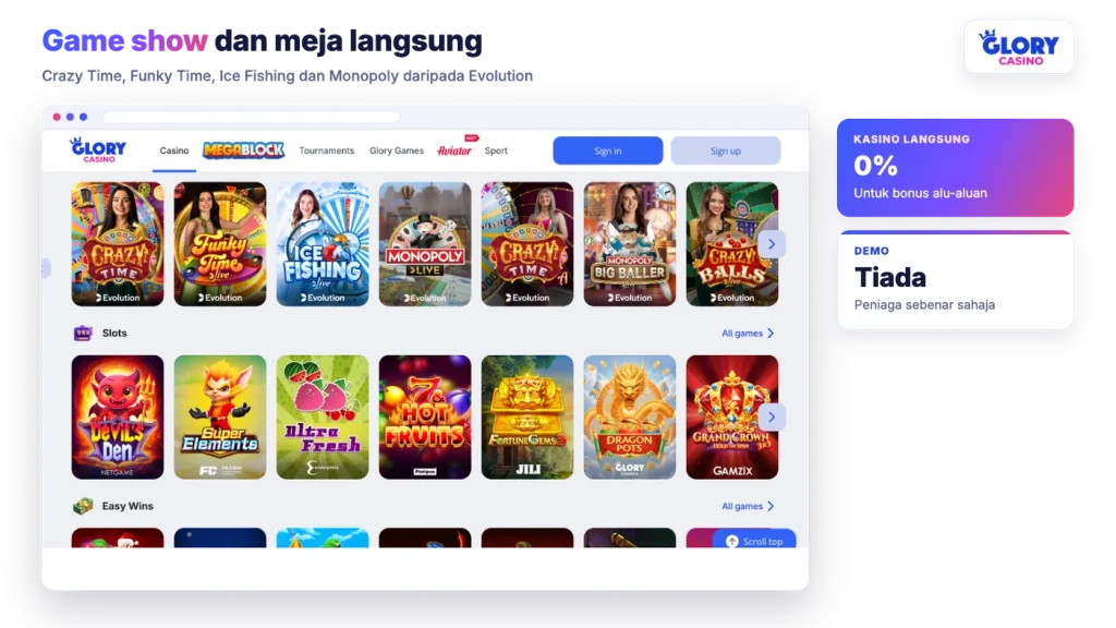 Baris Game Shows Glory Casino dengan Crazy Time, Funky Time, Ice Fishing dan Monopoly Live