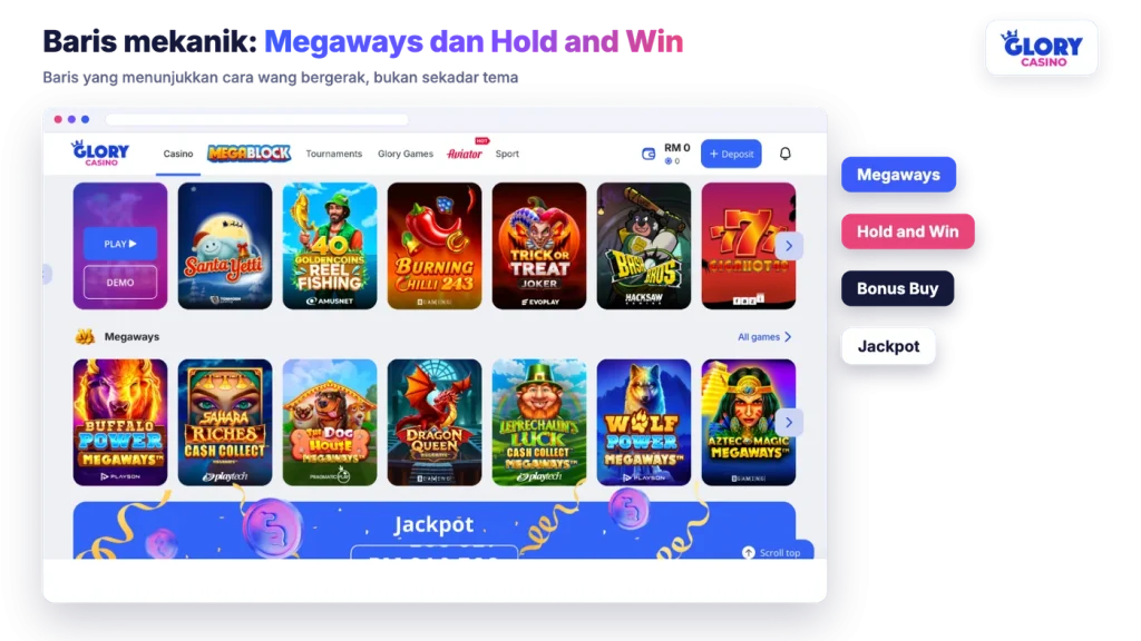 Baris Megaways dan Hold and Win dalam lobi slot Glory Casino