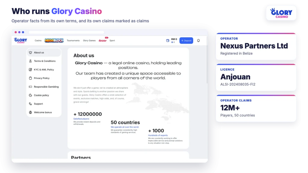 Glory Casino About us page with operator Nexus Partners Limited and Anjouan licence facts