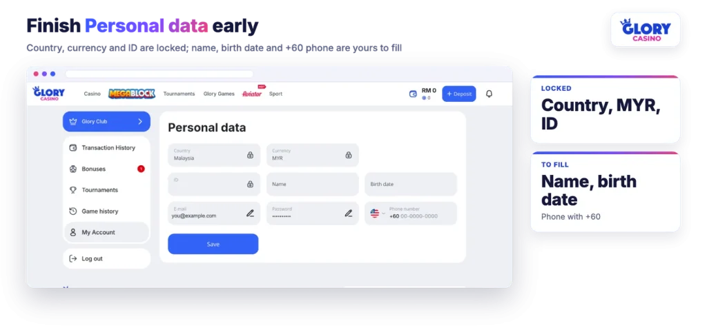 Glory Casino Personal data page with locked country, currency and ID fields