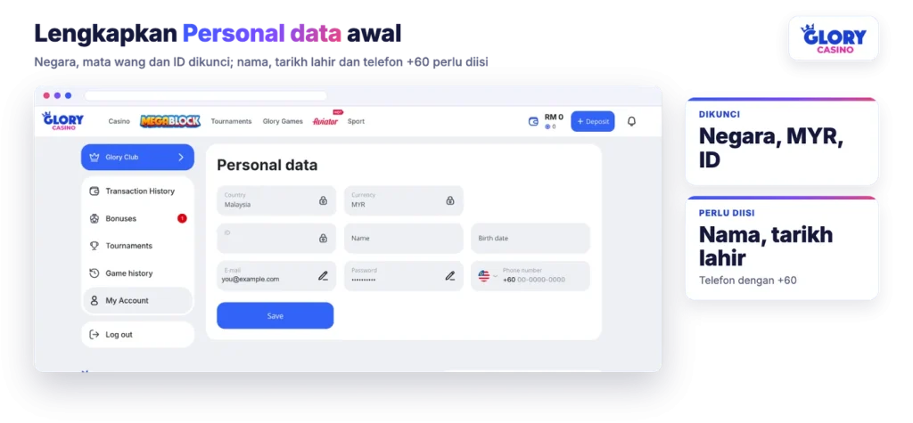 Halaman Personal data Glory Casino dengan medan negara, mata wang dan ID dikunci