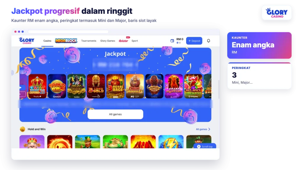 Baris jackpot progresif Glory Casino dalam ringgit dengan slot yang layak