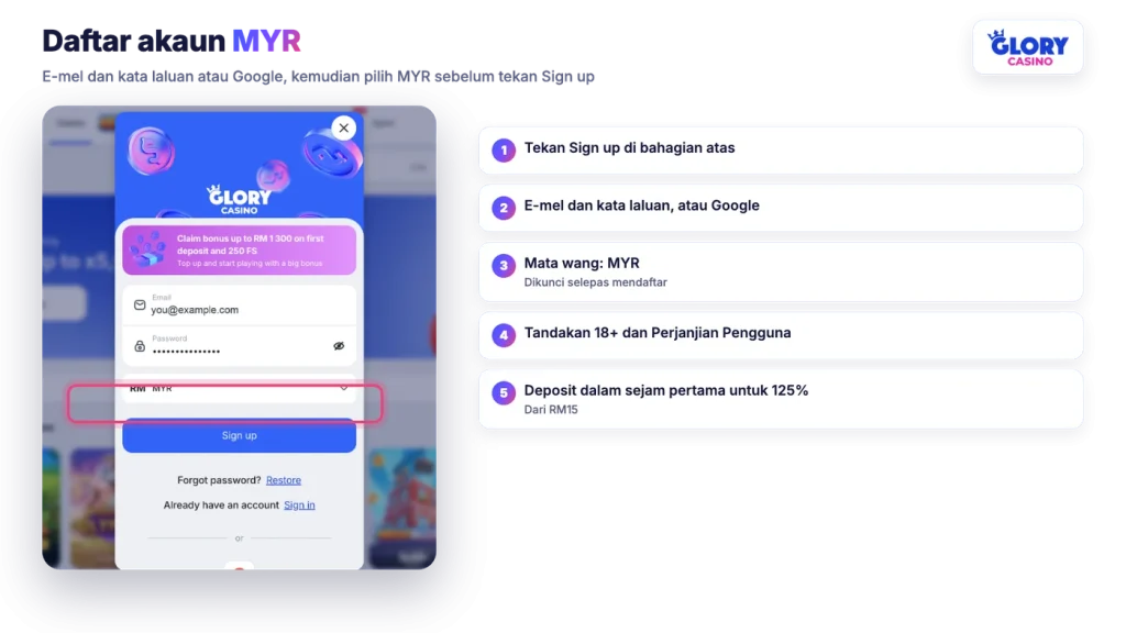Borang daftar Glory Casino dengan e-mel, kata laluan dan mata wang MYR dipilih