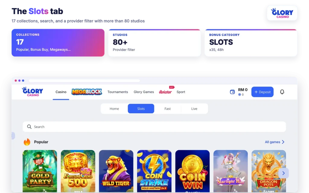 Glory Casino Slots tab with search, Popular and Bonus Buy rows