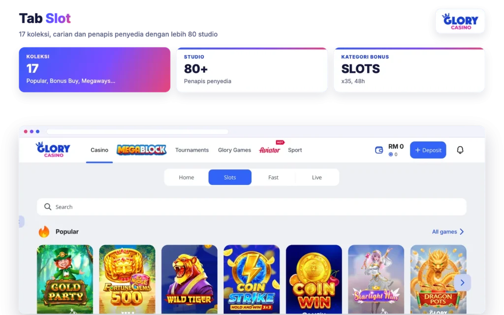 Tab Slot Glory Casino dengan carian serta baris Popular dan Bonus Buy