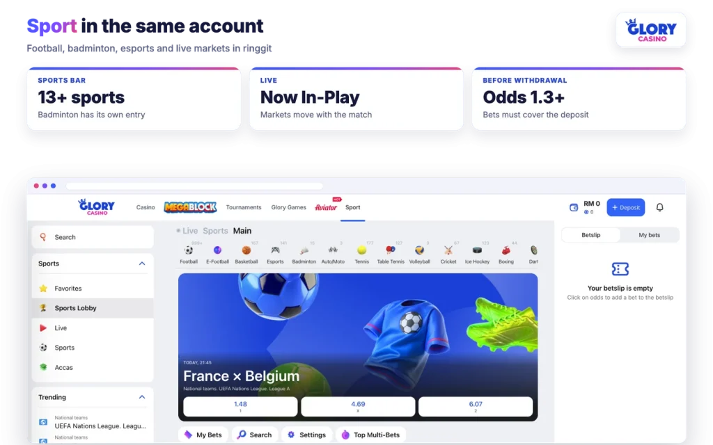Glory Casino Sport section with sports bar, trending leagues and betslip