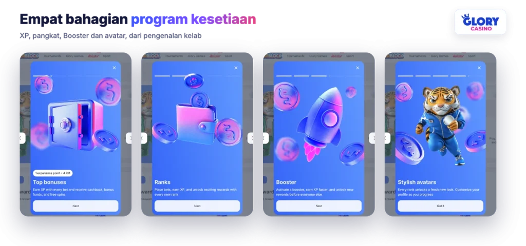 Pengenalan Glory Club: bonus, pangkat, Booster dan avatar