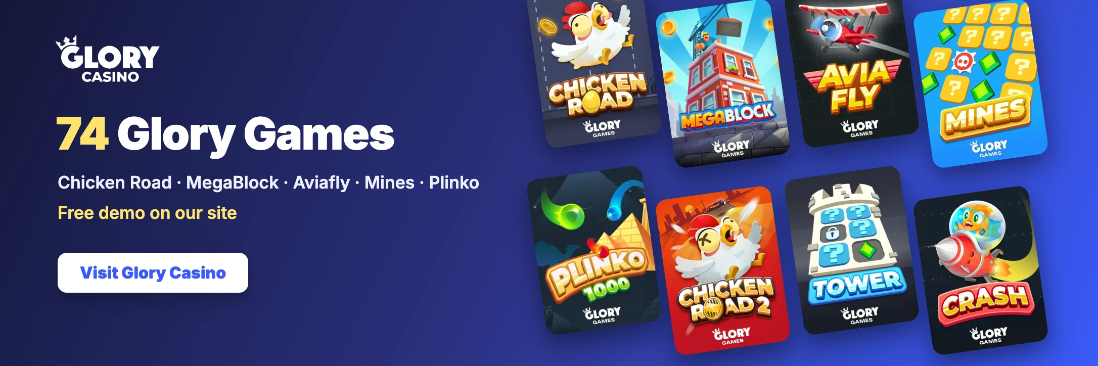 74 Glory Games titles including Chicken Road, MegaBlock, Aviafly, Mines and Plinko